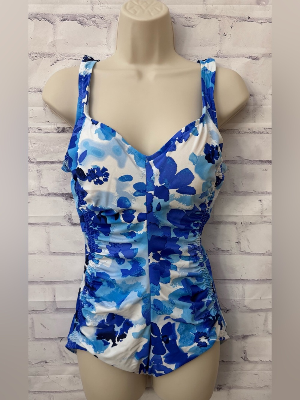 Maxine Of Hollywood 14 One Piece Swimsuit Minimizing V Neck Slimming Blue Cinch